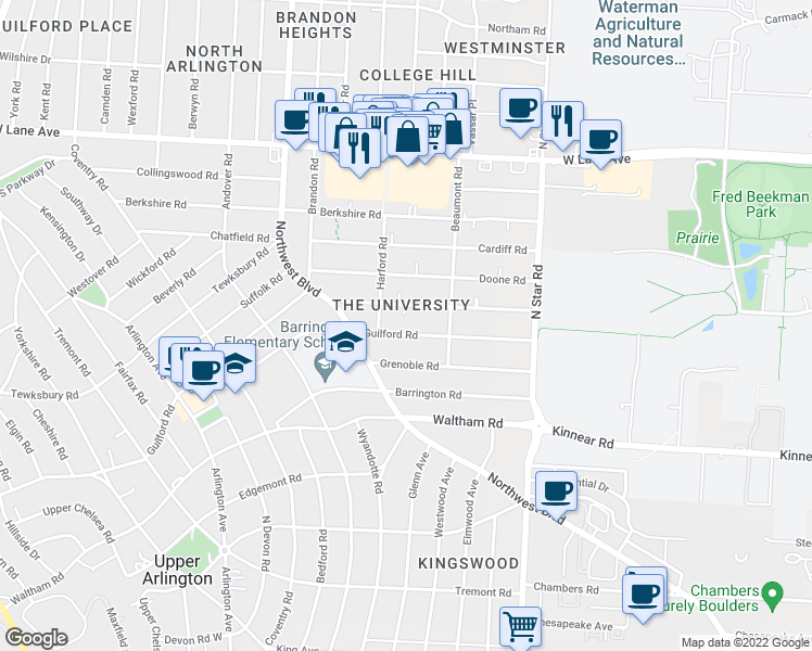 map of restaurants, bars, coffee shops, grocery stores, and more near 1662 Guilford Road in Columbus