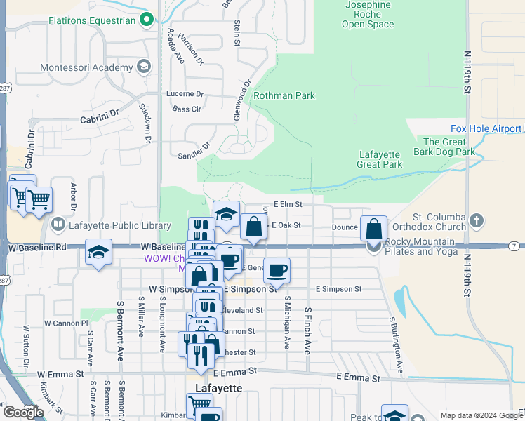 map of restaurants, bars, coffee shops, grocery stores, and more near 320 East Elm Street in Lafayette