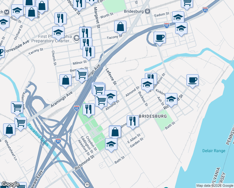 map of restaurants, bars, coffee shops, grocery stores, and more near 4501 Belgrade Street in Philadelphia