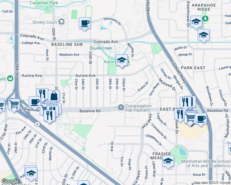 map of restaurants, bars, coffee shops, grocery stores, and more near 785 39th Street in Boulder