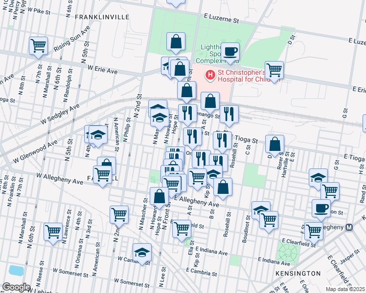 map of restaurants, bars, coffee shops, grocery stores, and more near 3412 North Lee Street in Philadelphia
