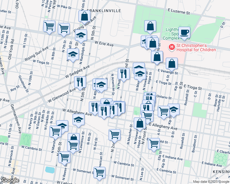 map of restaurants, bars, coffee shops, grocery stores, and more near 3355 North American Street in Philadelphia