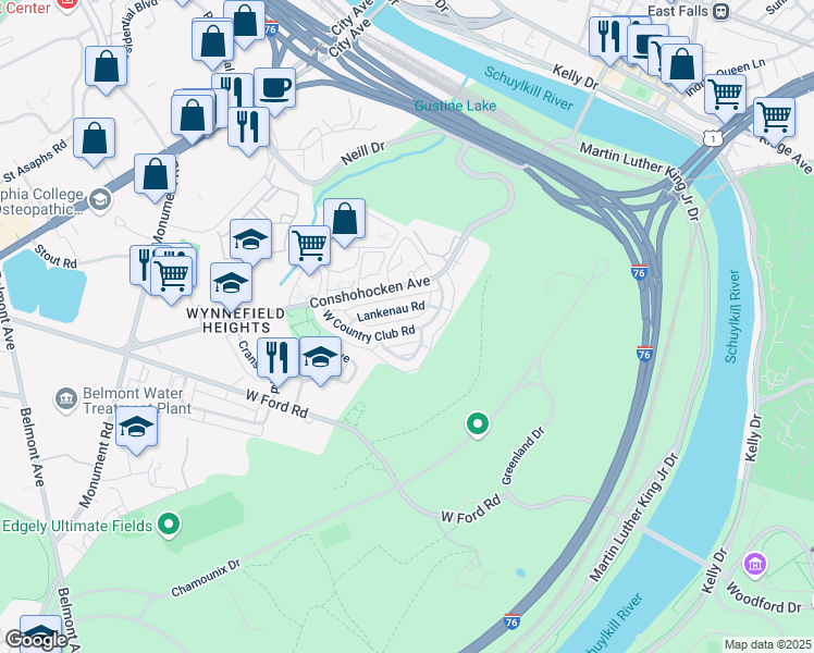 map of restaurants, bars, coffee shops, grocery stores, and more near 3761 West Country Club Road in Philadelphia