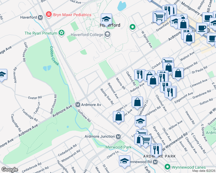 map of restaurants, bars, coffee shops, grocery stores, and more near 2943 Belmont Avenue in Ardmore