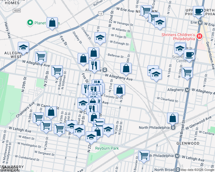 map of restaurants, bars, coffee shops, grocery stores, and more near 2101 West Clearfield Street in Philadelphia