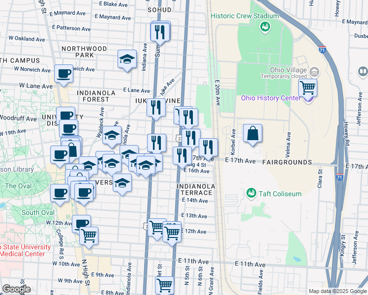 map of restaurants, bars, coffee shops, grocery stores, and more near 1890 North 4th Street in Columbus