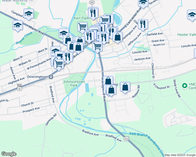 map of restaurants, bars, coffee shops, grocery stores, and more near 100 River Station Boulevard in Downingtown