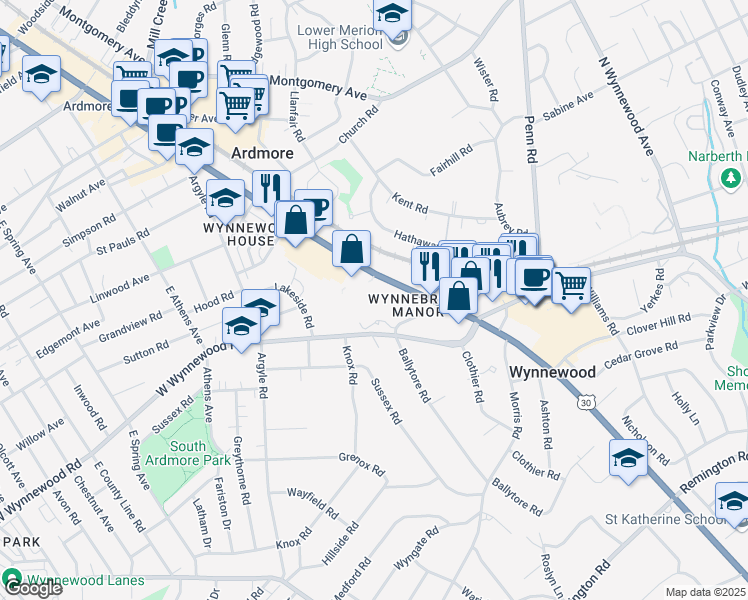 map of restaurants, bars, coffee shops, grocery stores, and more near 308 East Lancaster Avenue in Ardmore