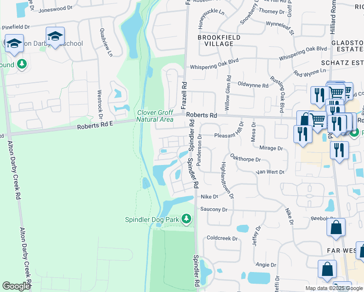 map of restaurants, bars, coffee shops, grocery stores, and more near 5836 Paint Creek Way in Hilliard