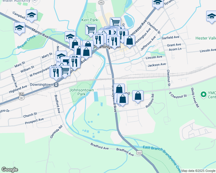 map of restaurants, bars, coffee shops, grocery stores, and more near 100 River Station Boulevard in Downingtown