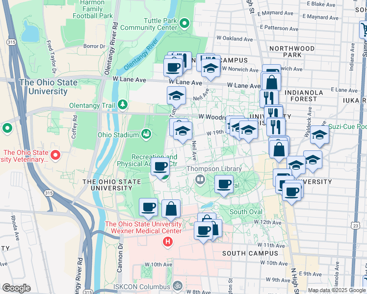 map of restaurants, bars, coffee shops, grocery stores, and more near 1841 Millikin Road in Columbus