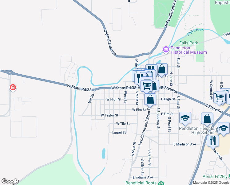 map of restaurants, bars, coffee shops, grocery stores, and more near 115 Franklin Street in Pendleton