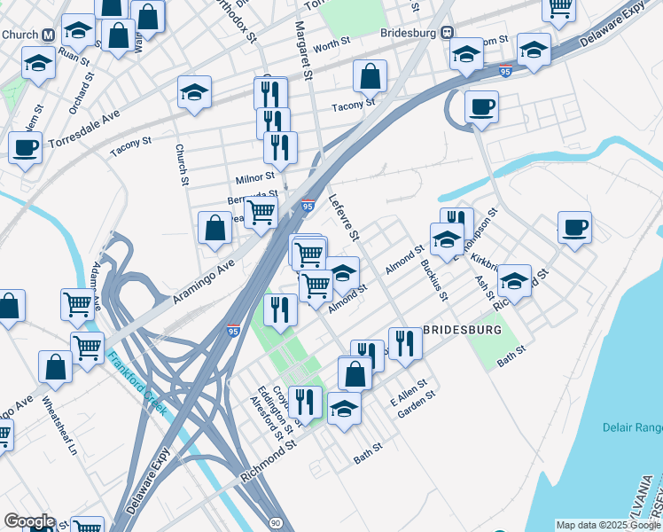 map of restaurants, bars, coffee shops, grocery stores, and more near 2500 Wilmot Street in Philadelphia