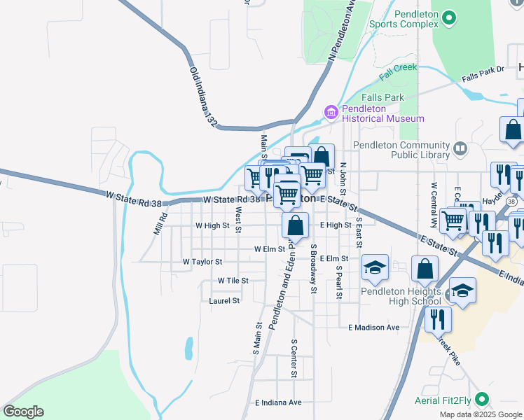 map of restaurants, bars, coffee shops, grocery stores, and more near 112 South Main Street in Pendleton
