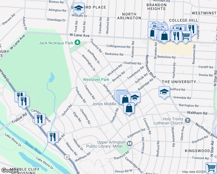 map of restaurants, bars, coffee shops, grocery stores, and more near 2250 Arlington Avenue in Columbus