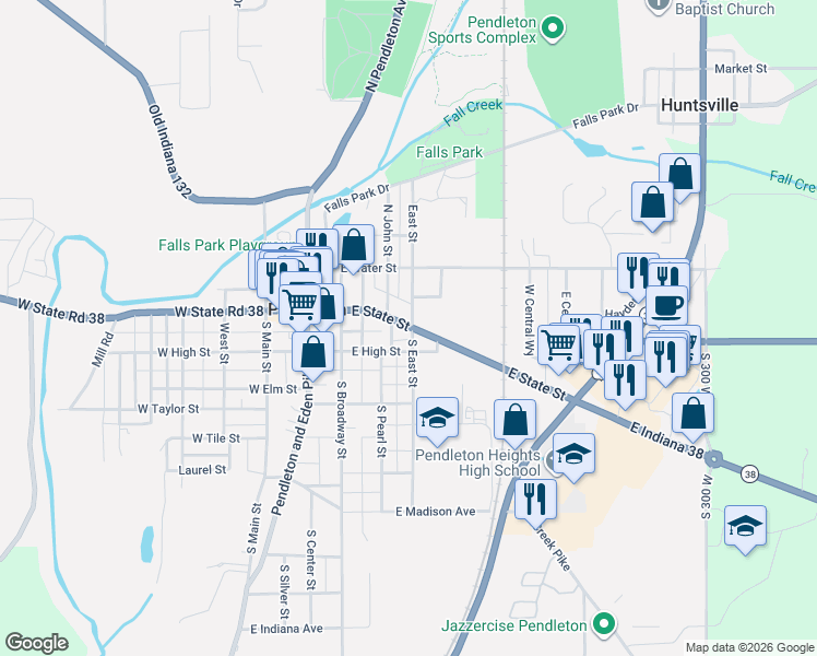 map of restaurants, bars, coffee shops, grocery stores, and more near 100 South East Street in Pendleton