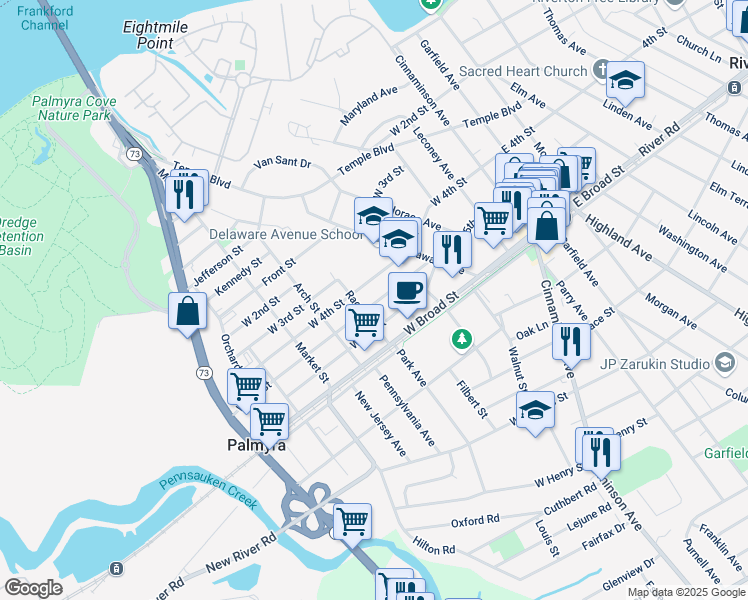 map of restaurants, bars, coffee shops, grocery stores, and more near 321 West 5th Street in Palmyra