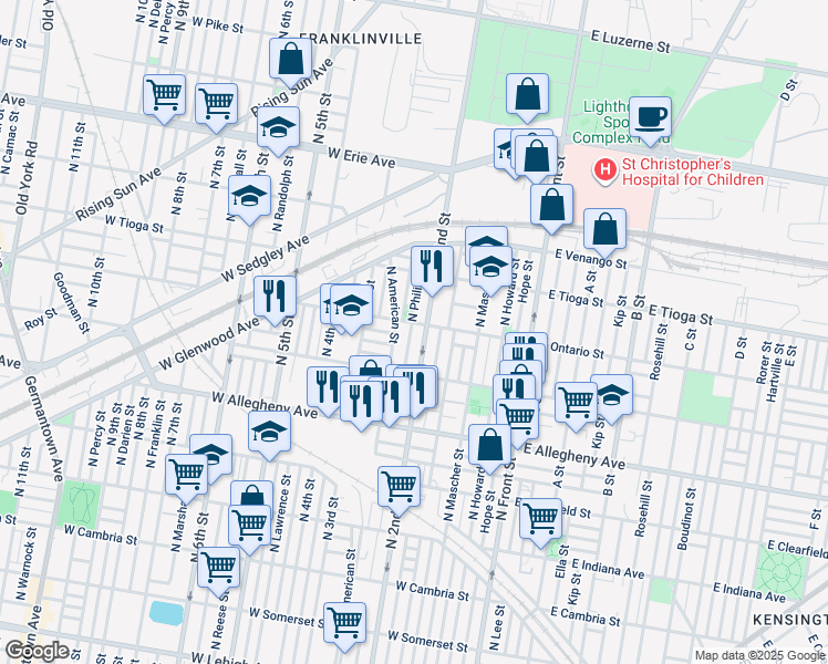 map of restaurants, bars, coffee shops, grocery stores, and more near 3365 North Philip Street in Philadelphia