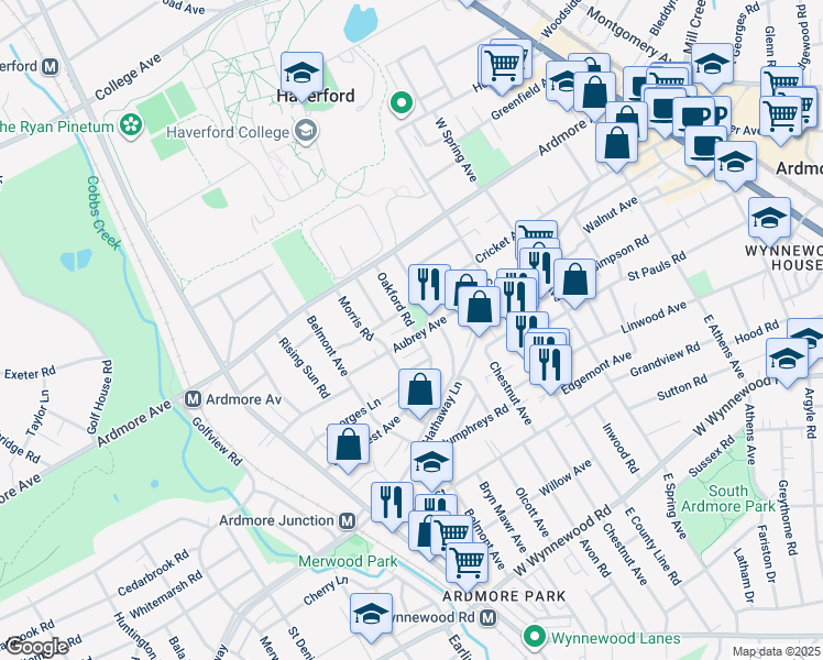 map of restaurants, bars, coffee shops, grocery stores, and more near 718 Aubrey Avenue in Ardmore