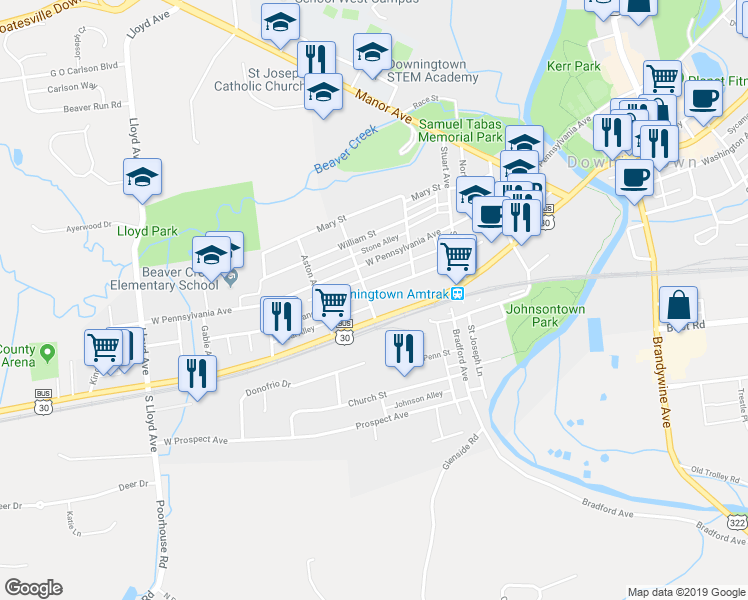 map of restaurants, bars, coffee shops, grocery stores, and more near 280 Highland Avenue in Downingtown