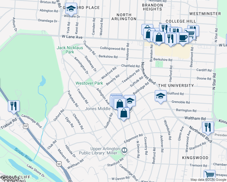 map of restaurants, bars, coffee shops, grocery stores, and more near 1987 Tewksbury Road in Columbus