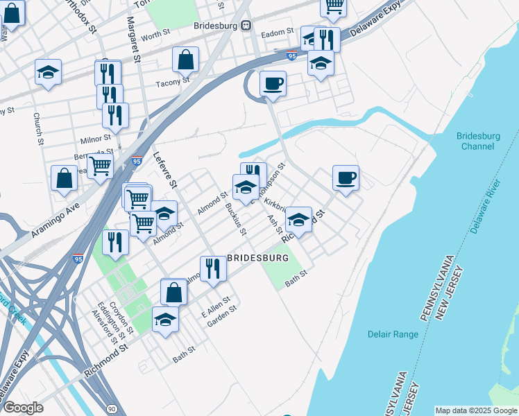 map of restaurants, bars, coffee shops, grocery stores, and more near 2648 Ash Street in Philadelphia