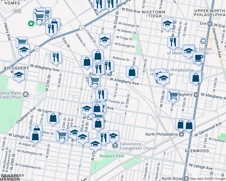map of restaurants, bars, coffee shops, grocery stores, and more near 2101 West Clearfield Street in Philadelphia