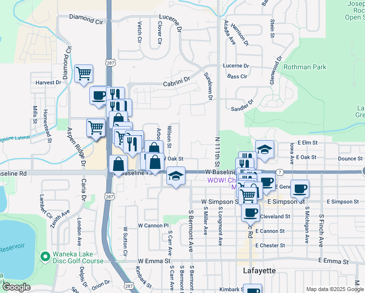map of restaurants, bars, coffee shops, grocery stores, and more near 406 Bermont Street in Lafayette