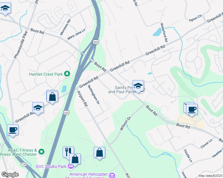 map of restaurants, bars, coffee shops, grocery stores, and more near 1125 Windsor Drive in West Chester