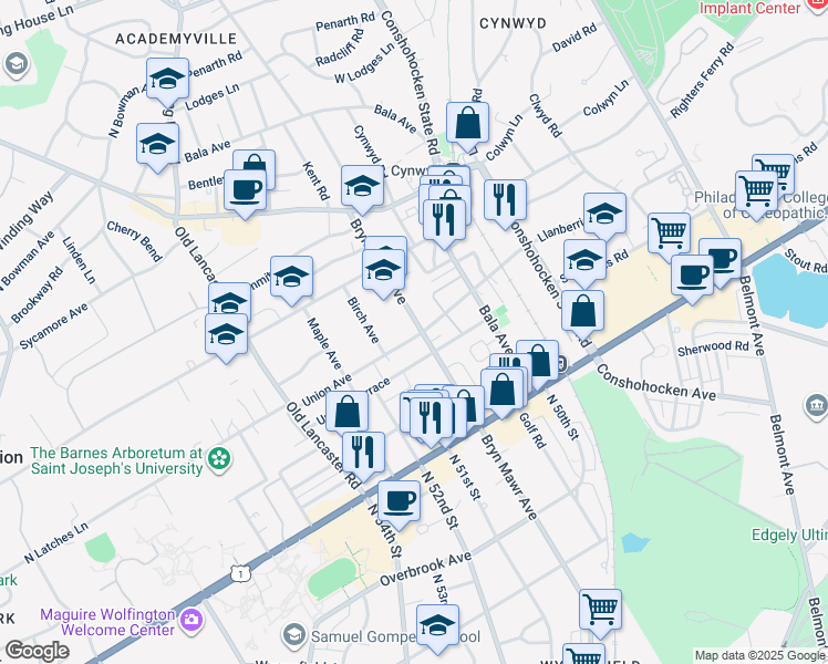 map of restaurants, bars, coffee shops, grocery stores, and more near 102 Bryn Mawr Avenue in Bala Cynwyd