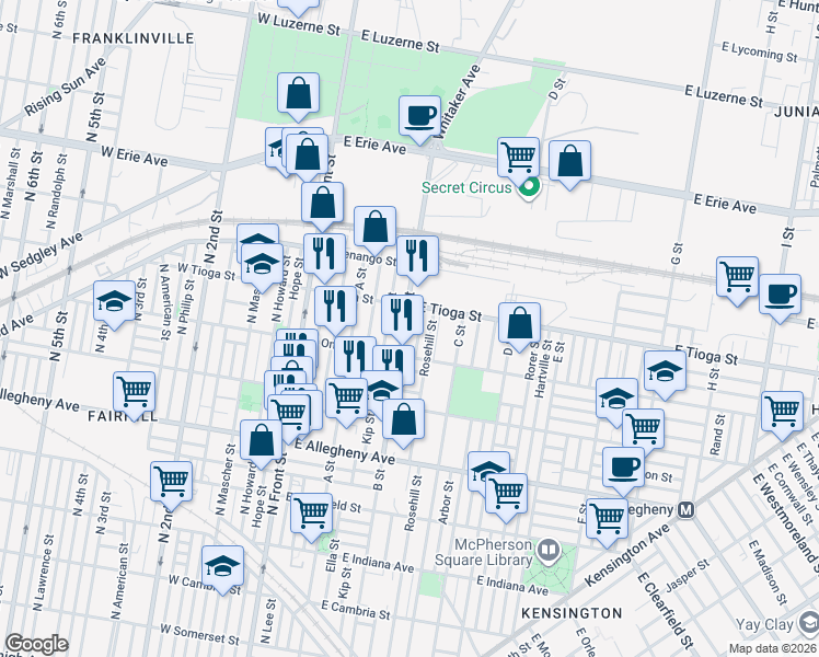map of restaurants, bars, coffee shops, grocery stores, and more near 3439 B Street in Philadelphia
