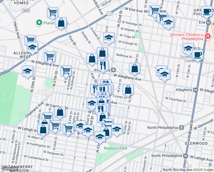 map of restaurants, bars, coffee shops, grocery stores, and more near 3108 North 22nd Street in Philadelphia