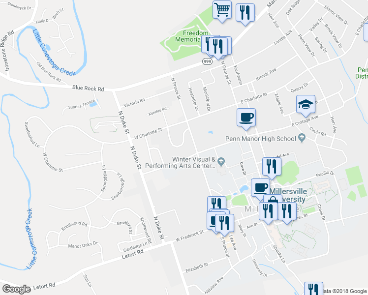 map of restaurants, bars, coffee shops, grocery stores, and more near 105 Pickwick Place in Millersville