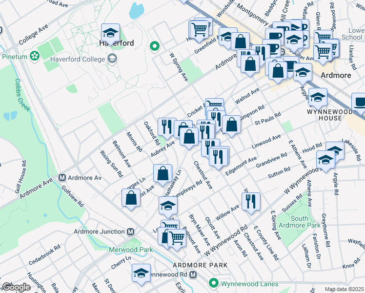 map of restaurants, bars, coffee shops, grocery stores, and more near 821 Aubrey Avenue in Ardmore