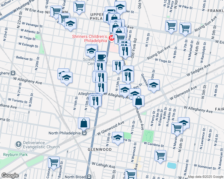map of restaurants, bars, coffee shops, grocery stores, and more near 3219 North Park Avenue in Philadelphia