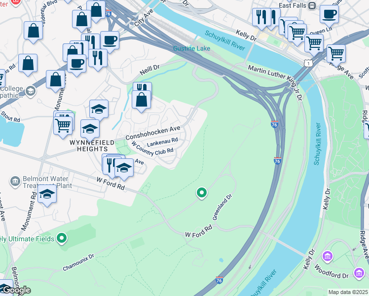 map of restaurants, bars, coffee shops, grocery stores, and more near 2715 East Country Club Road in Philadelphia