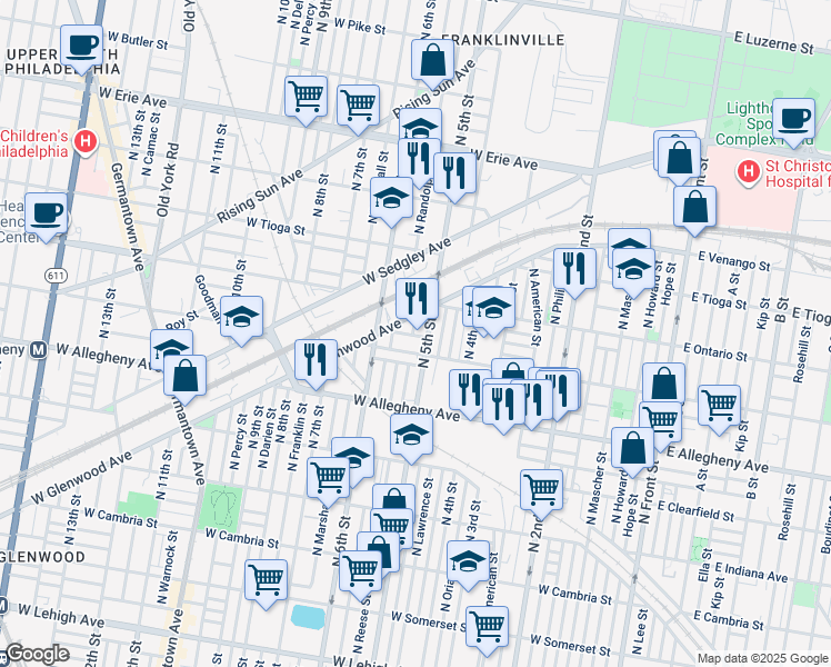 map of restaurants, bars, coffee shops, grocery stores, and more near 3321 North Reese Street in Philadelphia