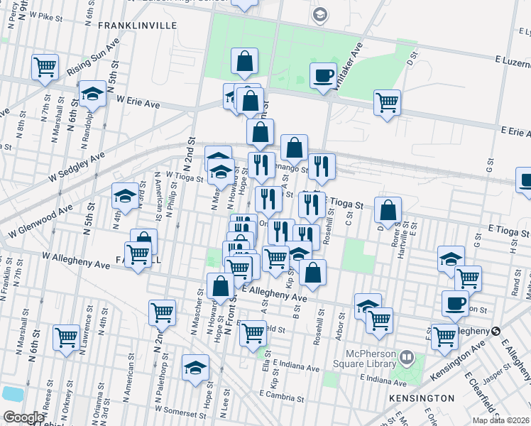 map of restaurants, bars, coffee shops, grocery stores, and more near 3420 North Water Street in Philadelphia