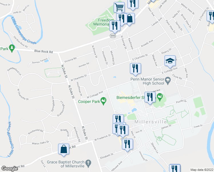 map of restaurants, bars, coffee shops, grocery stores, and more near 310 North Prince Street in Millersville