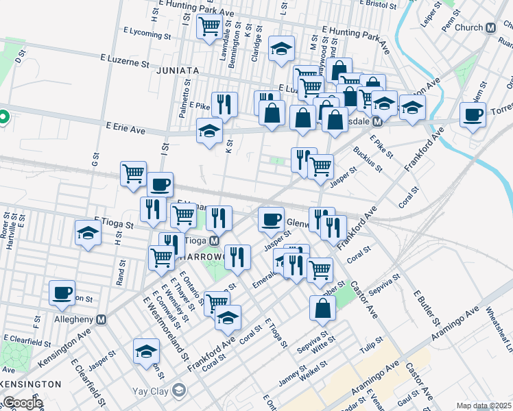 map of restaurants, bars, coffee shops, grocery stores, and more near 3604 Kensington Avenue in Philadelphia