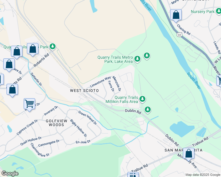 map of restaurants, bars, coffee shops, grocery stores, and more near 3167 Terra Drive in Columbus