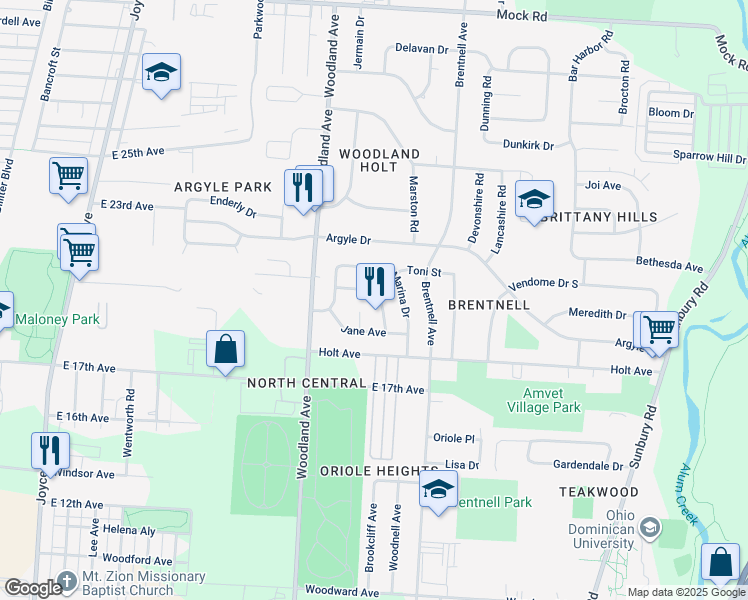 map of restaurants, bars, coffee shops, grocery stores, and more near 1657 Karon Drive in Columbus