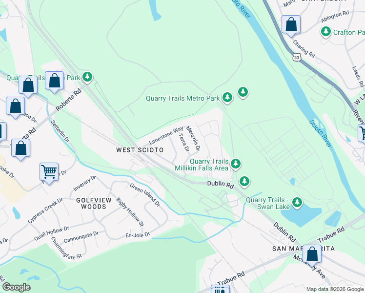 map of restaurants, bars, coffee shops, grocery stores, and more near 3167 Terra Drive in Columbus