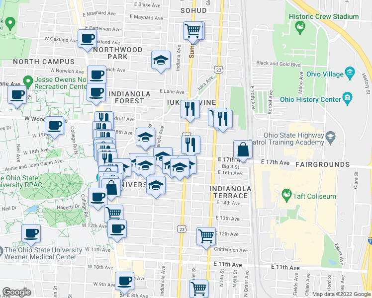 map of restaurants, bars, coffee shops, grocery stores, and more near Summit Street & East 17th Avenue in Columbus
