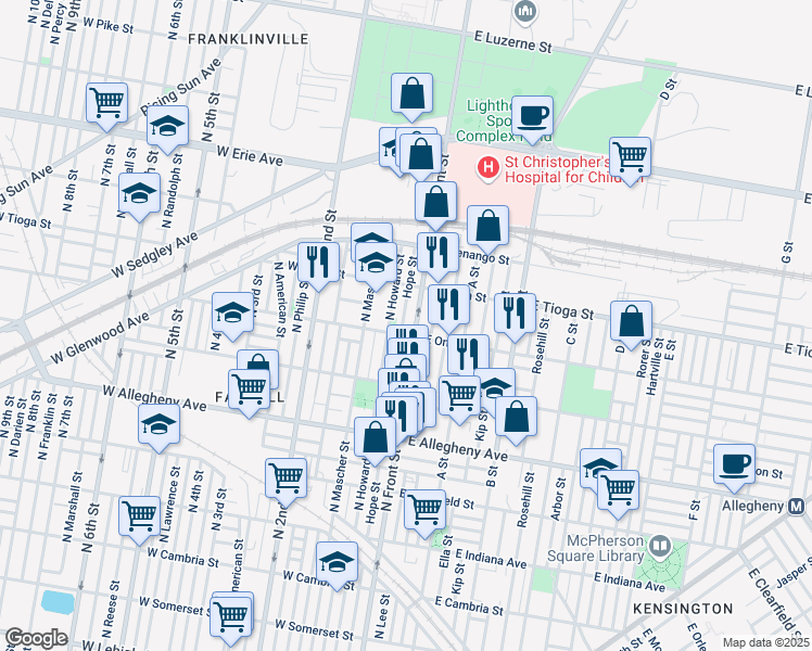 map of restaurants, bars, coffee shops, grocery stores, and more near 3411 North Hope Street in Philadelphia