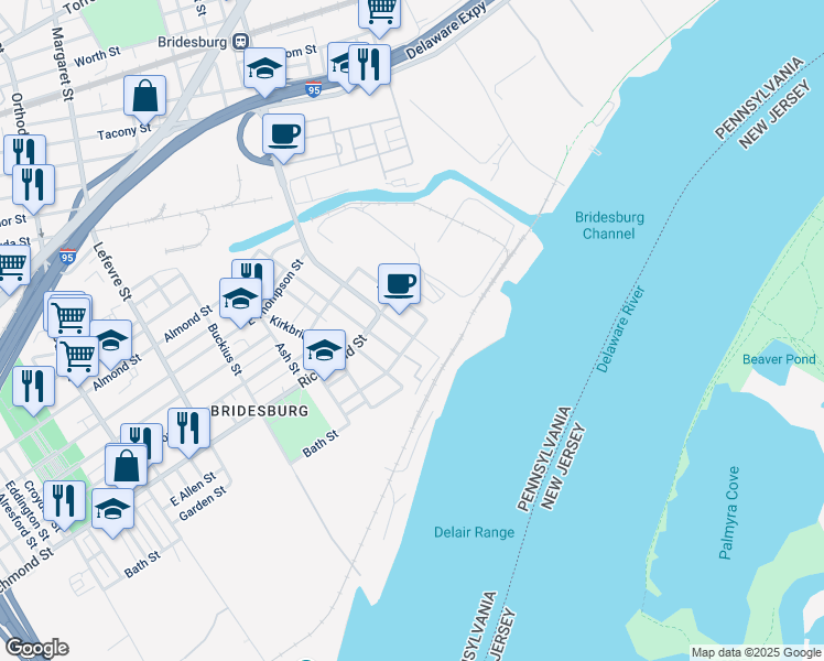 map of restaurants, bars, coffee shops, grocery stores, and more near 2849 Bridge Street in Philadelphia