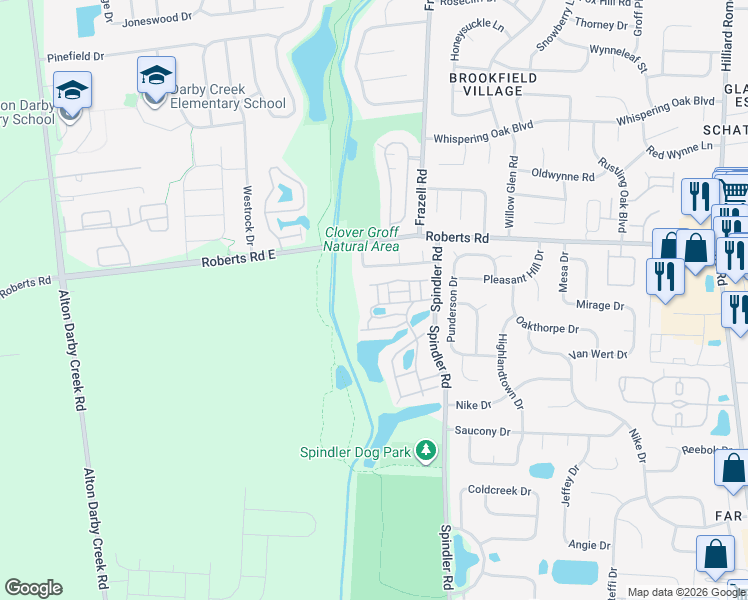 map of restaurants, bars, coffee shops, grocery stores, and more near 2643 Homebridge Drive in Hilliard