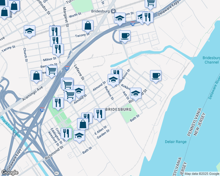 map of restaurants, bars, coffee shops, grocery stores, and more near 4612 East Thompson Street in Philadelphia