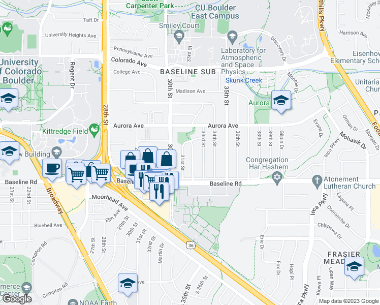 map of restaurants, bars, coffee shops, grocery stores, and more near 785 32nd Street in Boulder