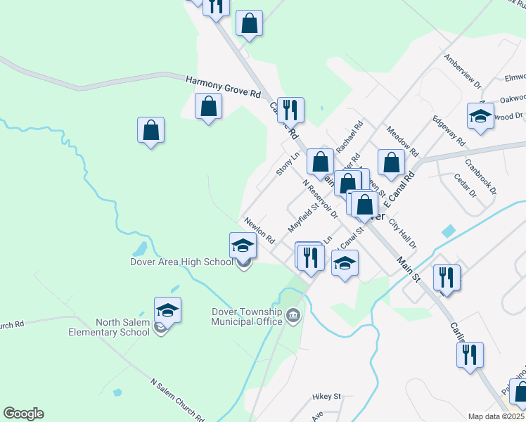 map of restaurants, bars, coffee shops, grocery stores, and more near 48 Mulberry Court in Dover